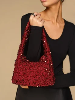 COMMENSE Bags|Accessories^Sequins Drawstring Velvet Armpit Bag Burgundy