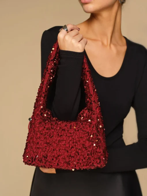 COMMENSE Bags|Accessories^Sequins Drawstring Velvet Armpit Bag Burgundy