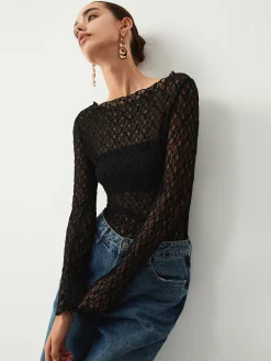 COMMENSE T-shirts|Tops^Sheer Floral Long Sleeve Top Black