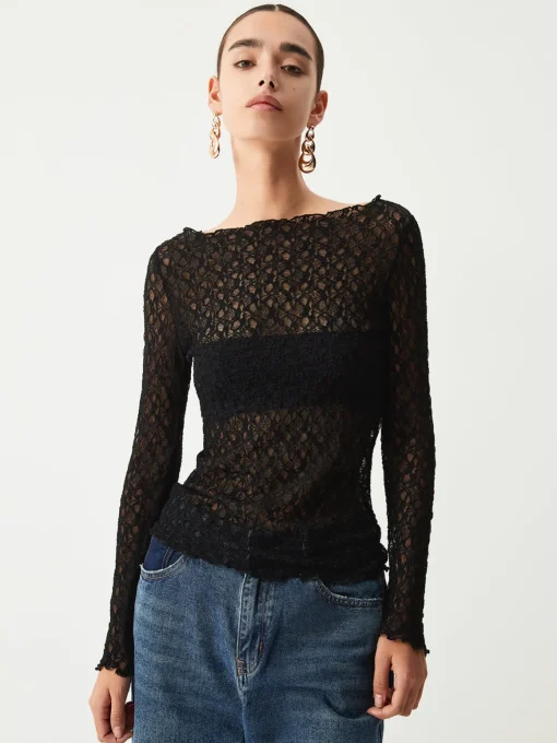 COMMENSE T-shirts|Tops^Sheer Floral Long Sleeve Top Black
