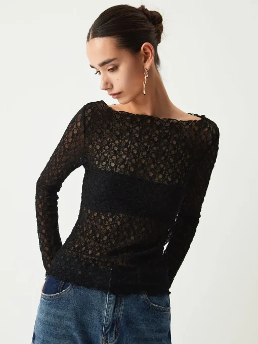COMMENSE T-shirts|Tops^Sheer Floral Long Sleeve Top Black