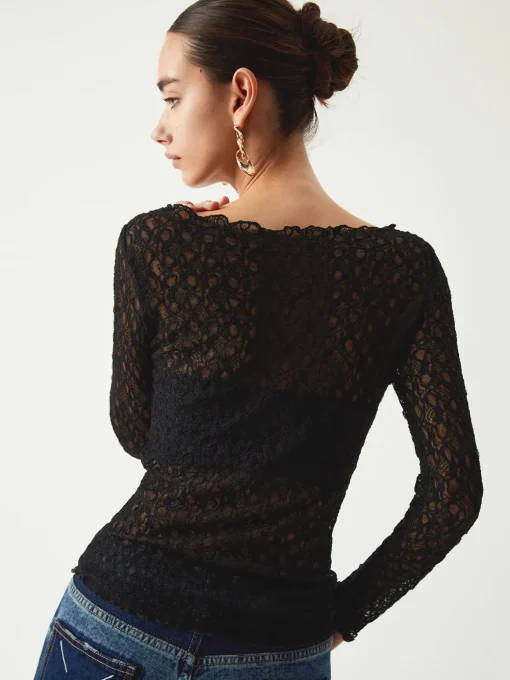 COMMENSE T-shirts|Tops^Sheer Floral Long Sleeve Top Black