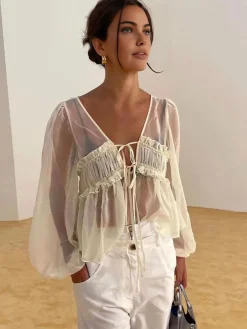 COMMENSE Blouses & Shirts|Tops^Sheer Long Sleeve Drawstring Blouse Yellow