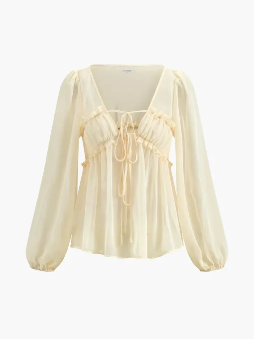 COMMENSE Blouses & Shirts|Tops^Sheer Long Sleeve Drawstring Blouse Yellow