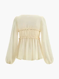 COMMENSE Blouses & Shirts|Tops^Sheer Long Sleeve Drawstring Blouse Yellow
