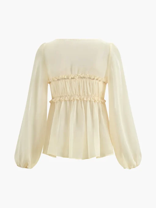 COMMENSE Blouses & Shirts|Tops^Sheer Long Sleeve Drawstring Blouse Yellow