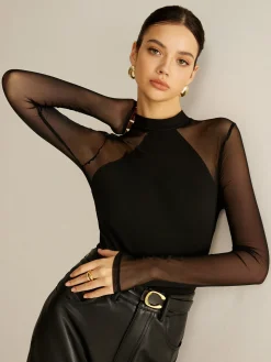 COMMENSE T-shirts|Tops^Sheer Long Sleeve Jersey Top Black
