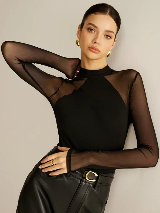 COMMENSE T-shirts|Tops^Sheer Long Sleeve Jersey Top Black
