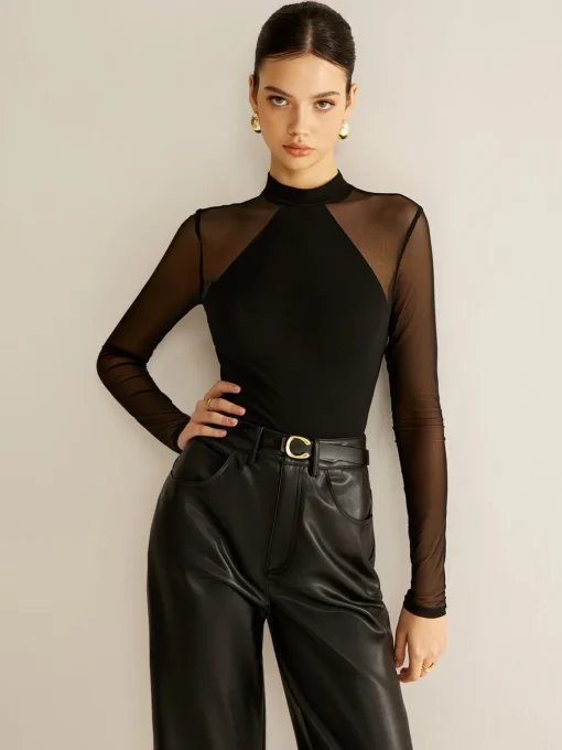 COMMENSE T-shirts|Tops^Sheer Long Sleeve Jersey Top Black