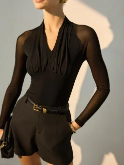 COMMENSE Blouses & Shirts|Tops^Sheer Sleeve Pleated Blouse Black