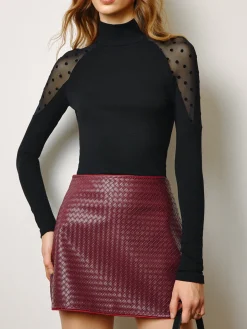 COMMENSE Tops^Sheer-Shoulder Polka Dot Panel T-Shirt Black