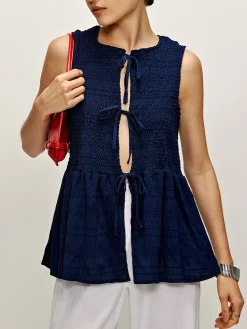 COMMENSE Blouses & Shirts|Tank Tops & Camis^Shirred Lace Up Ruffle Tank Blouse Blue
