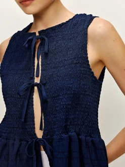 COMMENSE Blouses & Shirts|Tank Tops & Camis^Shirred Lace Up Ruffle Tank Blouse Blue