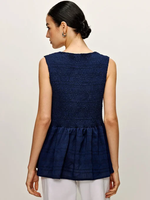 COMMENSE Blouses & Shirts|Tank Tops & Camis^Shirred Lace Up Ruffle Tank Blouse Blue