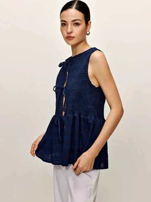 COMMENSE Blouses & Shirts|Tank Tops & Camis^Shirred Lace Up Ruffle Tank Blouse Blue