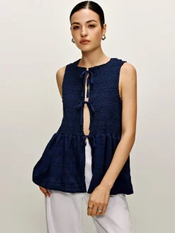 COMMENSE Blouses & Shirts|Tank Tops & Camis^Shirred Lace Up Ruffle Tank Blouse Blue