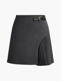 COMMENSE Skirts|Bottoms^Side Pleated Buckle Belted Skirt Black