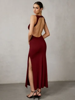 COMMENSE Casual Dresses|Long Dresses^Side Split Backless Long Dress Burgundy