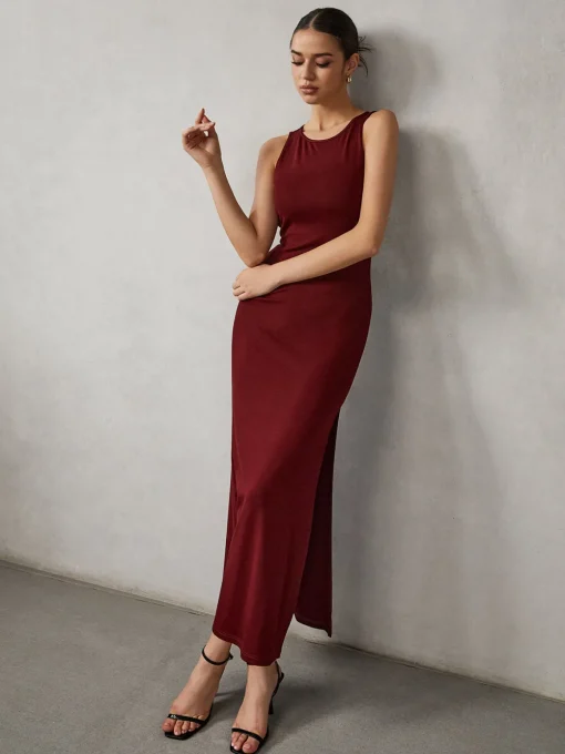 COMMENSE Casual Dresses|Long Dresses^Side Split Backless Long Dress Burgundy