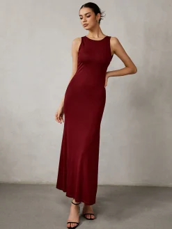 COMMENSE Casual Dresses|Long Dresses^Side Split Backless Long Dress Burgundy