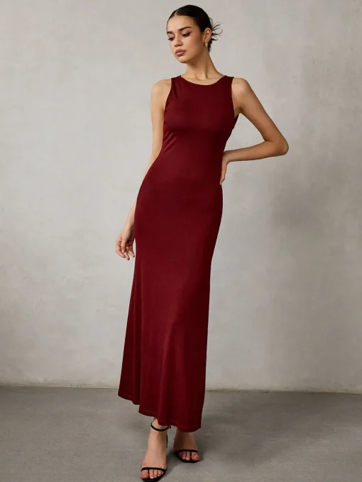 COMMENSE Casual Dresses|Long Dresses^Side Split Backless Long Dress Burgundy