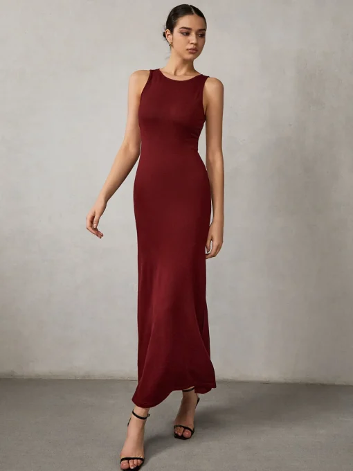 COMMENSE Casual Dresses|Long Dresses^Side Split Backless Long Dress Burgundy