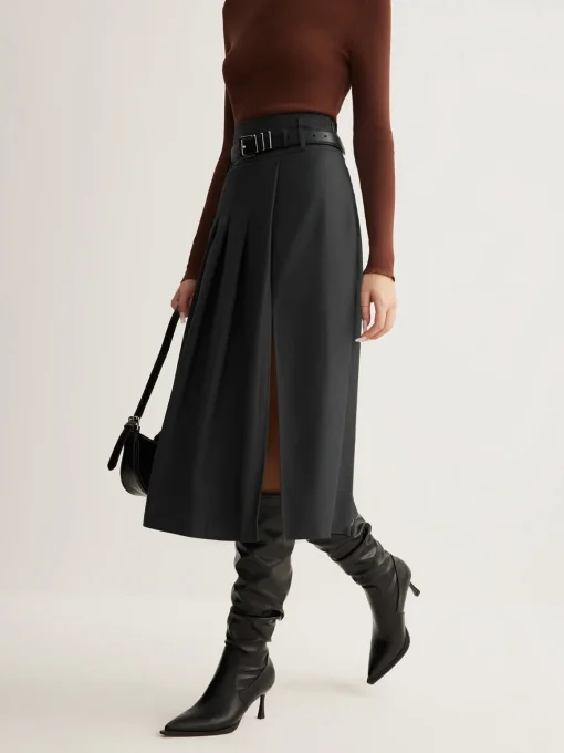 COMMENSE Skirts|Bottoms^Side Split Pleated Skirt Without Belt Grey