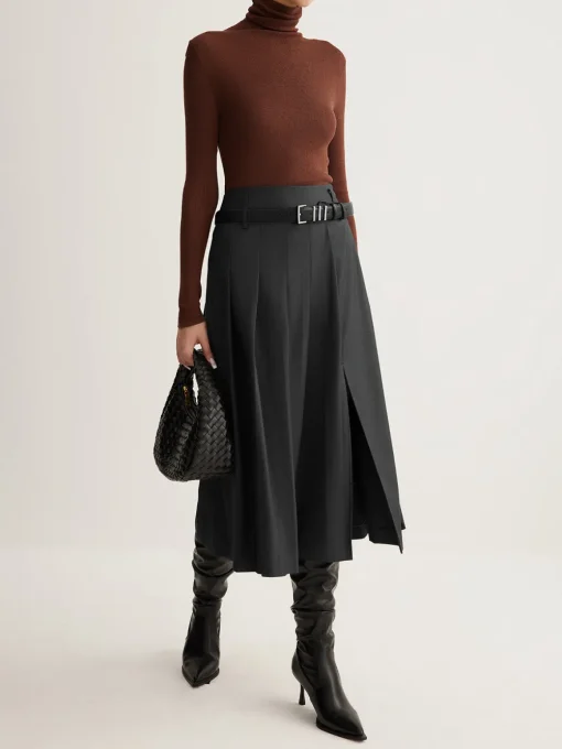 COMMENSE Skirts|Bottoms^Side Split Pleated Skirt Without Belt Grey