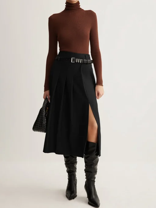 COMMENSE Skirts|Bottoms^Side Split Pleated Skirt Without Belt Grey