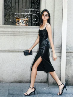 COMMENSE Black Dresses|Casual Dresses^Side Split PU Leather Cami Dress Black