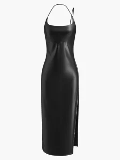 COMMENSE Black Dresses|Casual Dresses^Side Split PU Leather Cami Dress Black