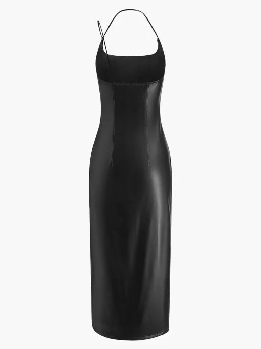 COMMENSE Black Dresses|Casual Dresses^Side Split PU Leather Cami Dress Black