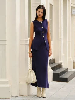 COMMENSE Skirt Sets|Long Sleeve Sets^Sleeveless Button Jersey Skirt Set Navy
