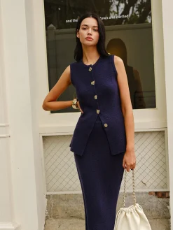 COMMENSE Skirt Sets|Long Sleeve Sets^Sleeveless Button Jersey Skirt Set Navy