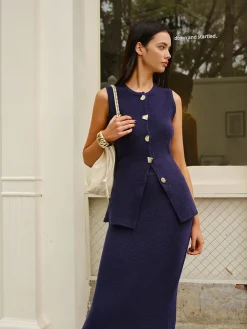 COMMENSE Skirt Sets|Long Sleeve Sets^Sleeveless Button Jersey Skirt Set Navy