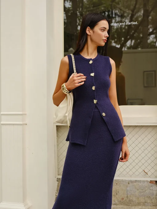 COMMENSE Skirt Sets|Long Sleeve Sets^Sleeveless Button Jersey Skirt Set Navy