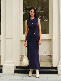 COMMENSE Skirt Sets|Long Sleeve Sets^Sleeveless Button Jersey Skirt Set Navy
