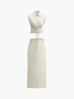 COMMENSE Skirt Sets|Long Sleeve Sets^Sleeveless Button-Down Collar Tie Back Skirt Set Apricot