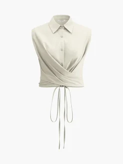 COMMENSE Skirt Sets|Long Sleeve Sets^Sleeveless Button-Down Collar Tie Back Skirt Set Apricot