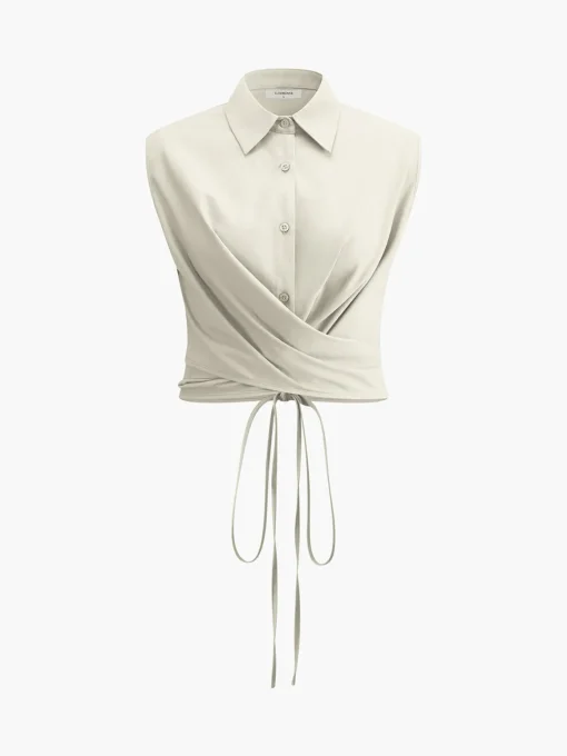 COMMENSE Skirt Sets|Long Sleeve Sets^Sleeveless Button-Down Collar Tie Back Skirt Set Apricot