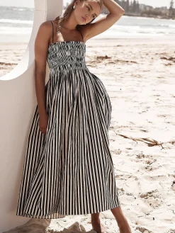 COMMENSE Black Dresses|Casual Dresses^Sleeveless Pinstripe Long Dress Black