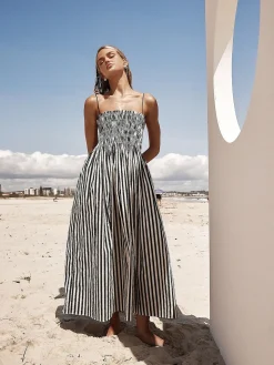 COMMENSE Black Dresses|Casual Dresses^Sleeveless Pinstripe Long Dress Black