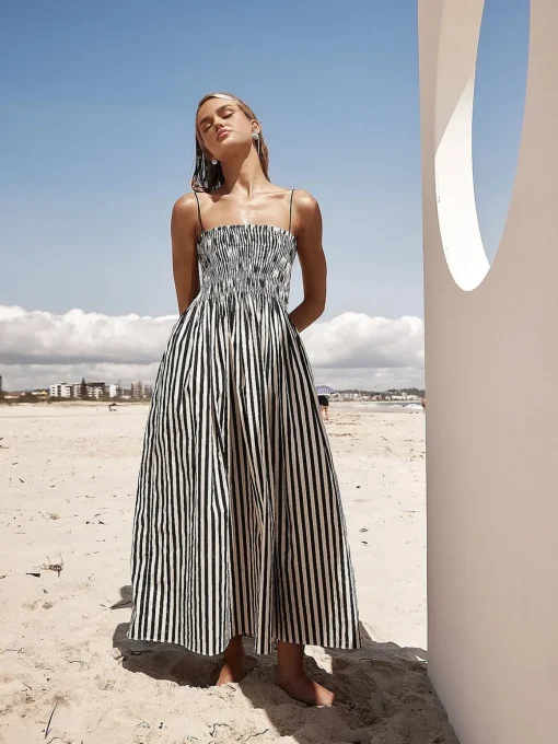 COMMENSE Black Dresses|Casual Dresses^Sleeveless Pinstripe Long Dress Black