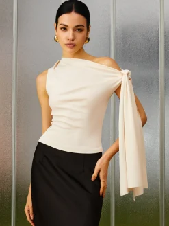 COMMENSE Tank Tops & Camis|Tops^Slim Fit Asymmetrical Cold Shoulder Knotted Tank Top Apricot