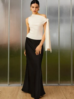 COMMENSE Tank Tops & Camis|Tops^Slim Fit Asymmetrical Cold Shoulder Knotted Tank Top Apricot