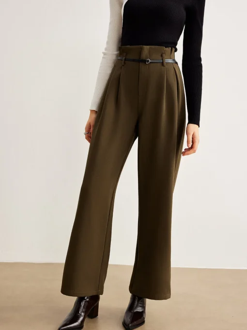 COMMENSE Pants|Bottoms^Slim-Belt Pleated Pants LightBrown