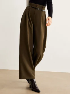 COMMENSE Pants|Bottoms^Slim-Belt Pleated Pants LightBrown
