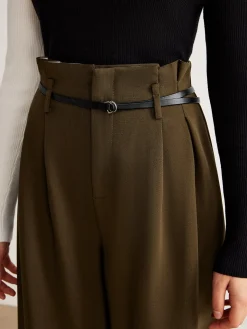 COMMENSE Pants|Bottoms^Slim-Belt Pleated Pants LightBrown