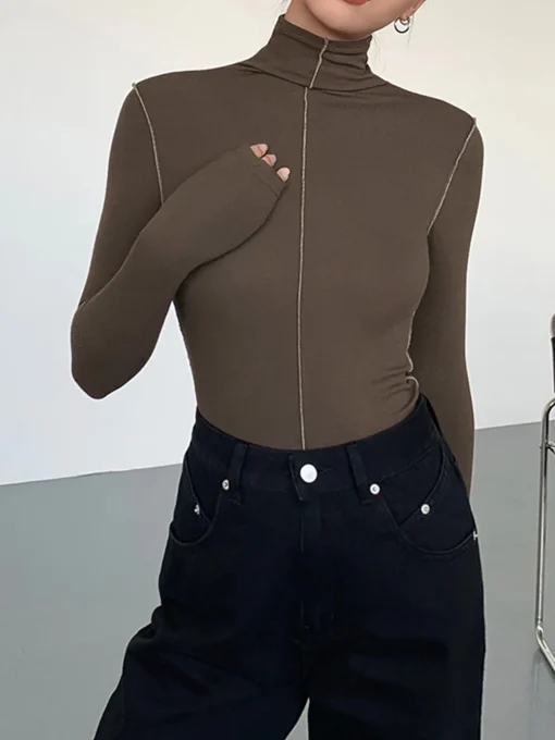 COMMENSE T-shirts|Knitwear^Slinky Turtleneck Contrast Trim Ribbed Knit Shirt Brown