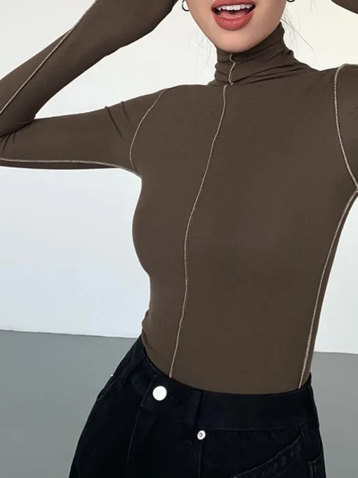 COMMENSE T-shirts|Knitwear^Slinky Turtleneck Contrast Trim Ribbed Knit Shirt Brown